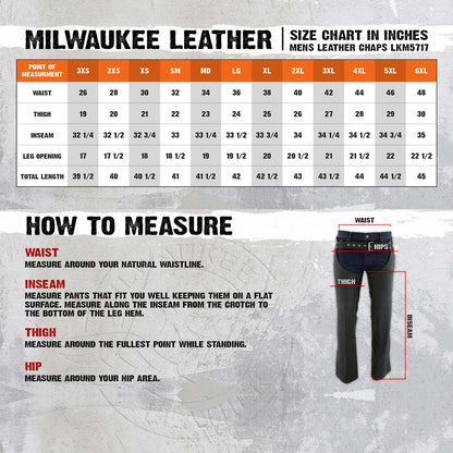 Men's Flat Black Premium Leather Motorcycle Chaps with Jean Pockets LKM5717