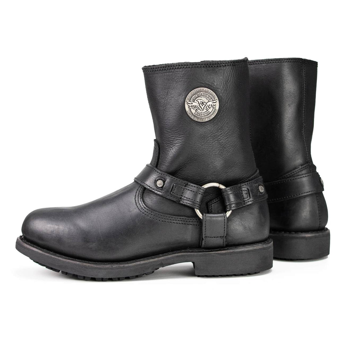 Men's Black Leather Short Harness Motorcycle Boots with Inside Zipper