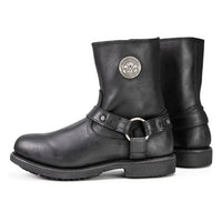 Men's Black Leather Short Harness Motorcycle Boots with Inside Zipper