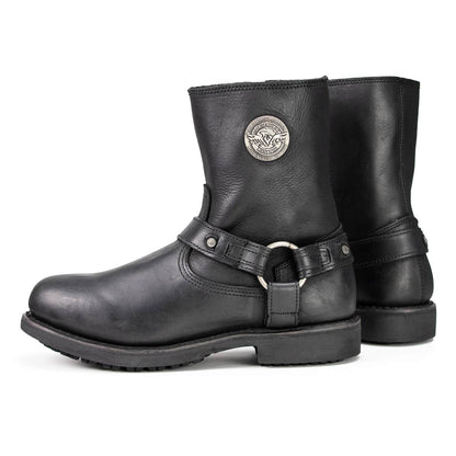 Men's Black Leather Short Harness Motorcycle Boots with Inside Zipper