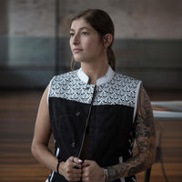 Women's 'Skelly' Black with White Motorcycle Denim Vest w/ Skull Embroidery