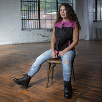 Women's 'Skelly' Black with Pink Motorcycle Denim Vest w/ Skull Embroidery