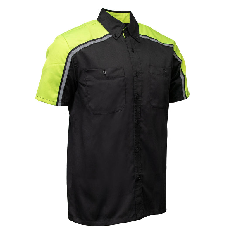 Men's Black and Neon-Green Button Up Mechanic Shirt w/ Reflective Stripe