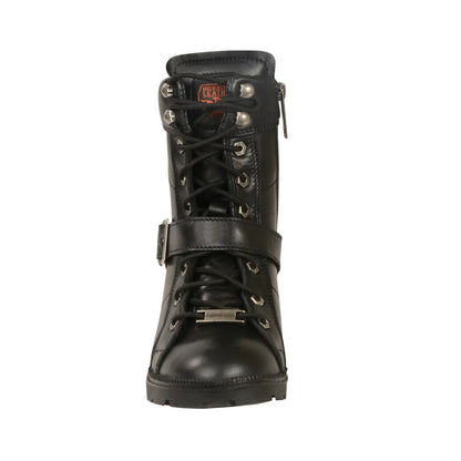 LADIES MOTORCYCLE LACE TO TOE SIDE BUCKLE LEATHER BOOT W/ PLAIN TOE