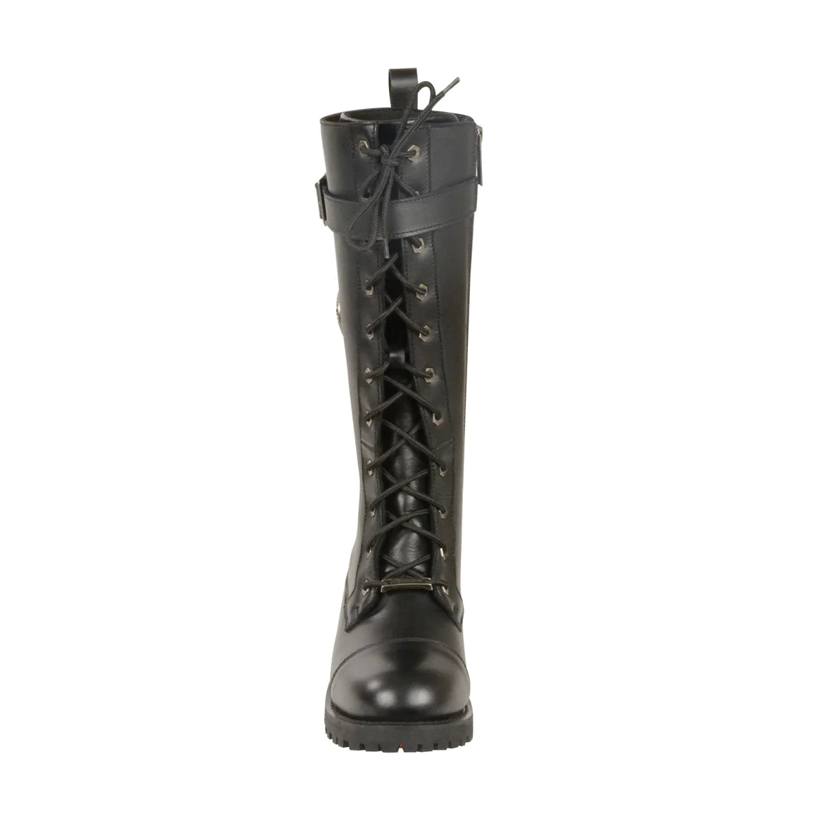 LADIES MOTORCYCLE 14 INCH LACE TO TOE HIGH RISE LEATHER BOOT W/ CALF BUCKLE