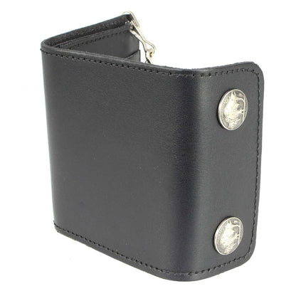 Men's 4” Leather Biker Tr-Fold Wallet w/Buffalo Nickel Snaps Wallet w/ Anti-Theft Stainless Steel Chain