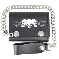 Men's 4” Leather “Triple Skull” Tri-Fold Wallet w/ Anti-Theft Stainless Steel Chain