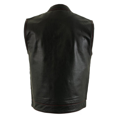 Men's Black Premium Leather Motorcycle Rider Vest w/ Red Stitching and USA Inside Flag Lining
