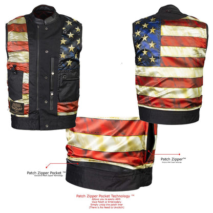 Men's Classic Black Premium Leather Motorcycle Vest with USA Flag Liner