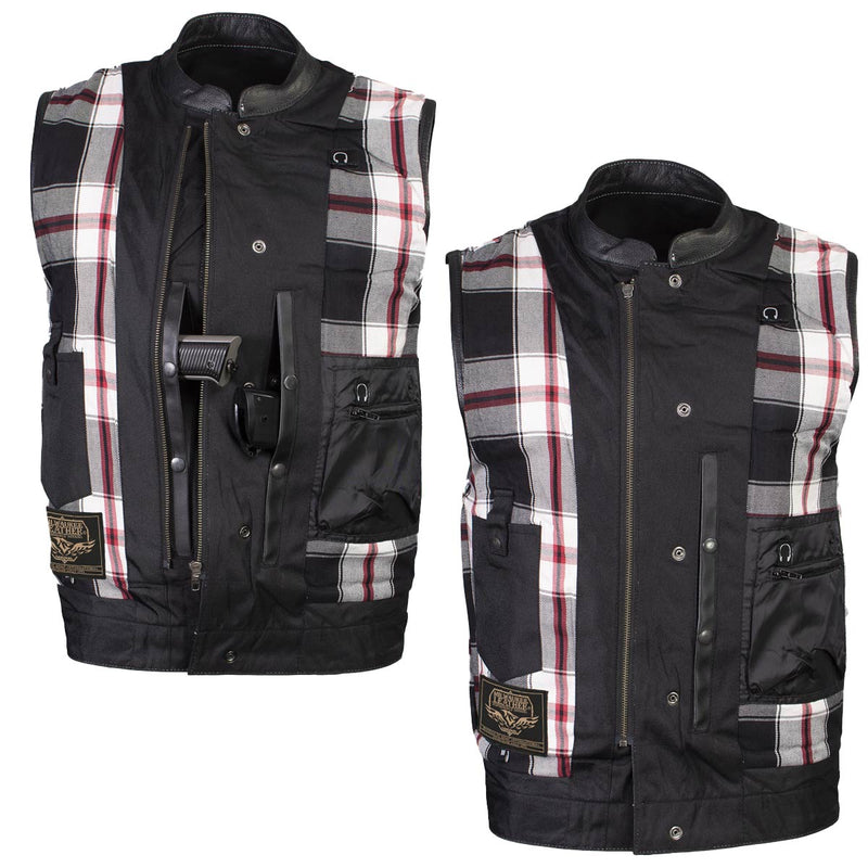 Men's Classic Black Leather Motorcycle Vest with Inside Flannel Liner
