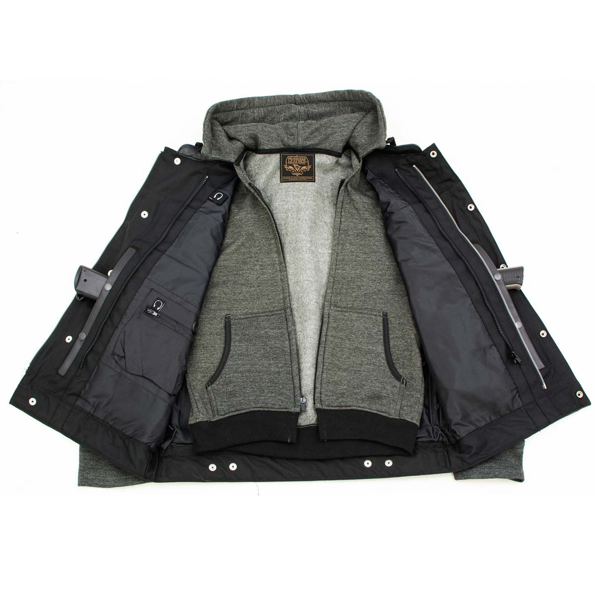 Men's 2 in 1 Classic Black Premium Leather Motorcycle Hoodie Jacket w/ Convertible Vest