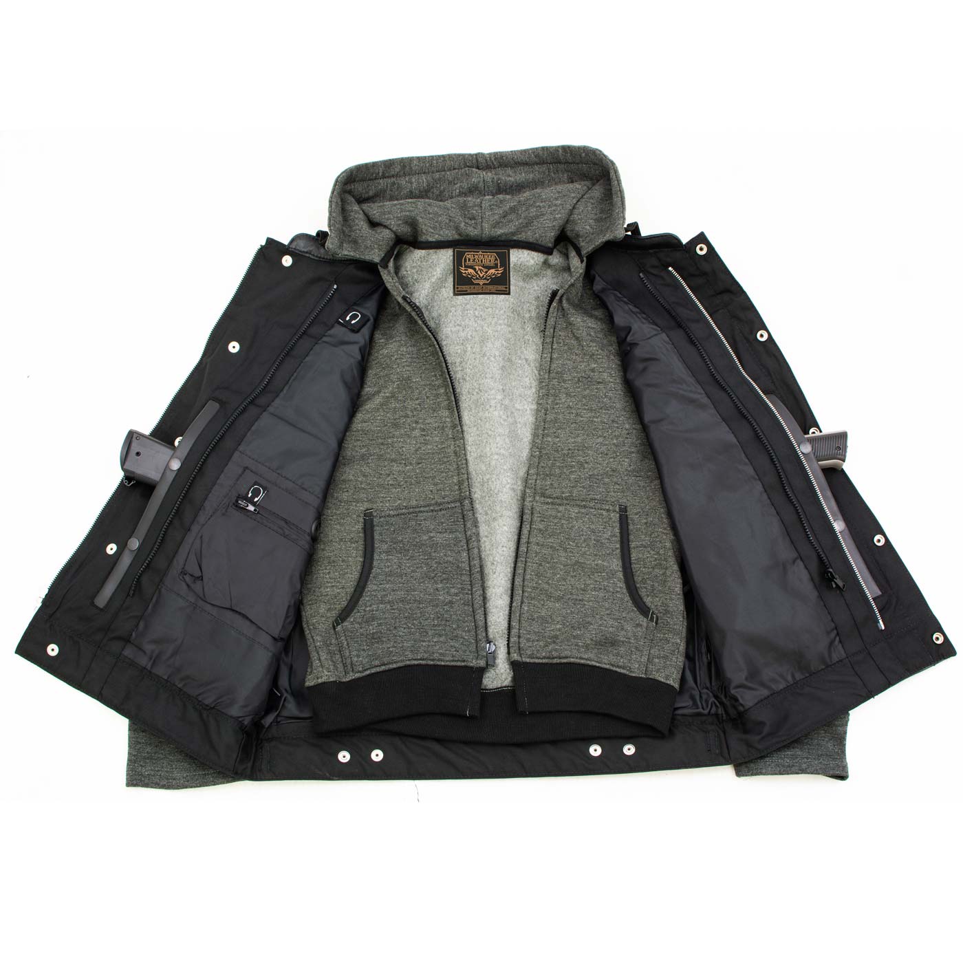 Men's 2 in 1 Classic Black Premium Leather Motorcycle Hoodie Jacket w/ Convertible Vest