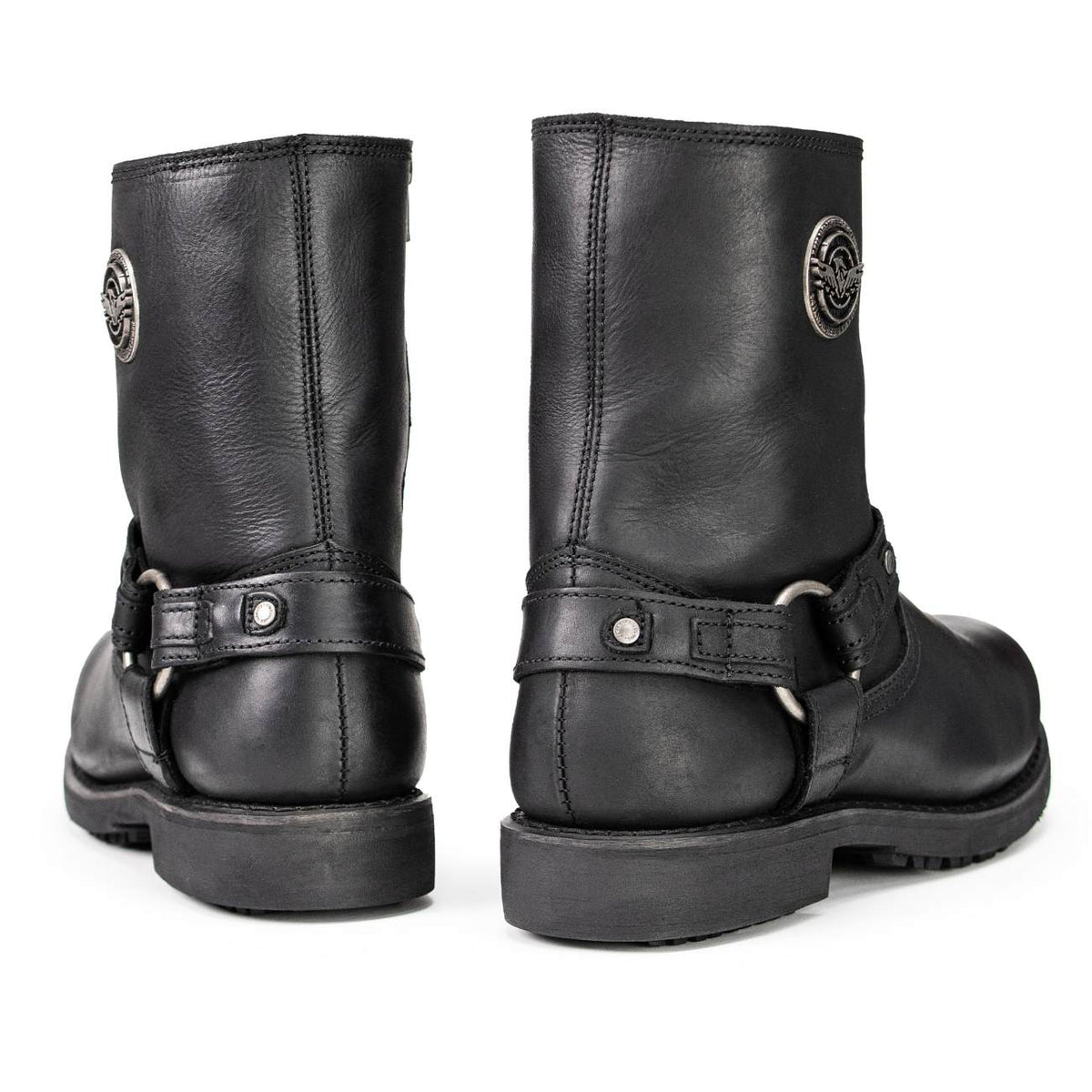 Men's Black Leather Short Harness Motorcycle Boots with Inside Zipper