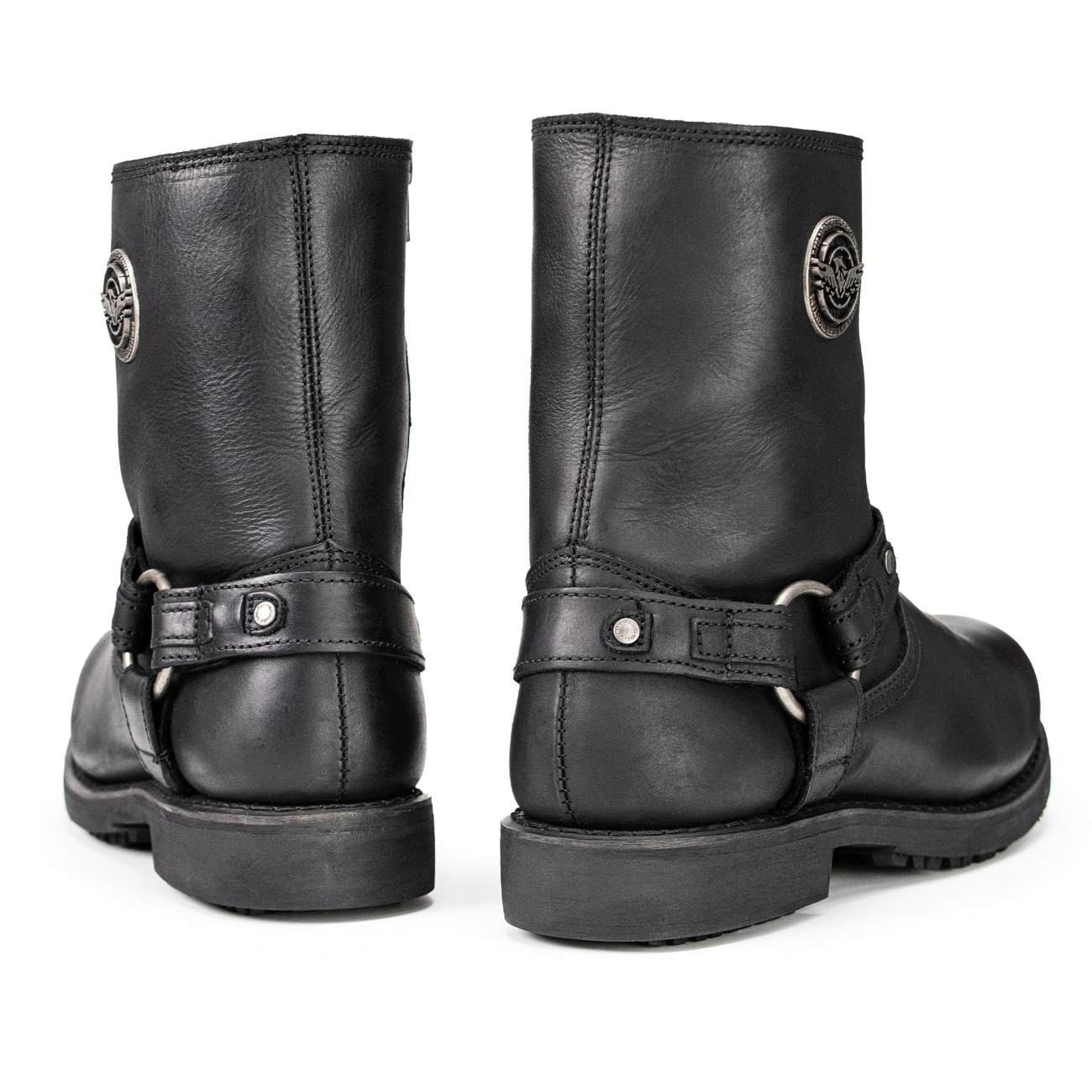 Men's Black Leather Short Harness Motorcycle Boots with Inside Zipper