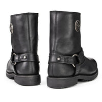 Men's Black Leather Short Harness Motorcycle Boots with Inside Zipper