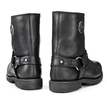 Men's Black Leather Short Harness Motorcycle Boots with Inside Zipper