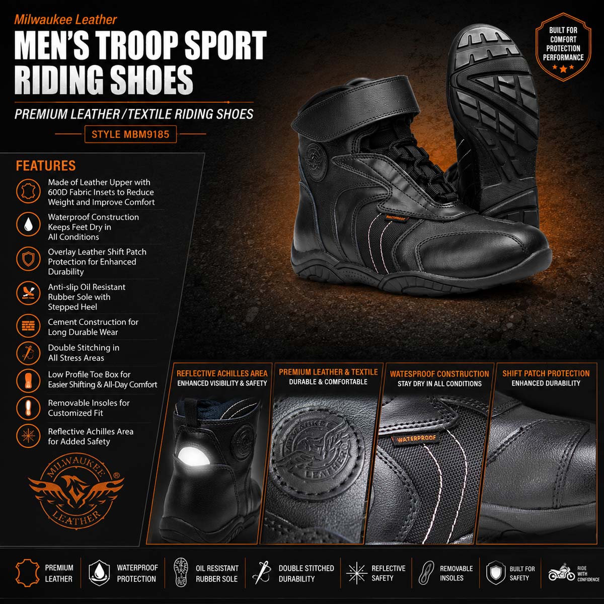 Milwaukee Leather Troop Sport Men's Waterproof Motorcycle Boots Black