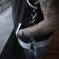 Women's 'Skelly' Black with White Motorcycle Denim Vest w/ Skull Embroidery
