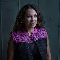 Women's 'Skelly' Black with Pink Motorcycle Denim Vest w/ Skull Embroidery