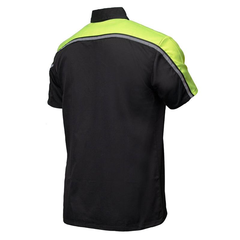Men's Black and Neon-Green Button Up Mechanic Shirt w/ Reflective Stripe