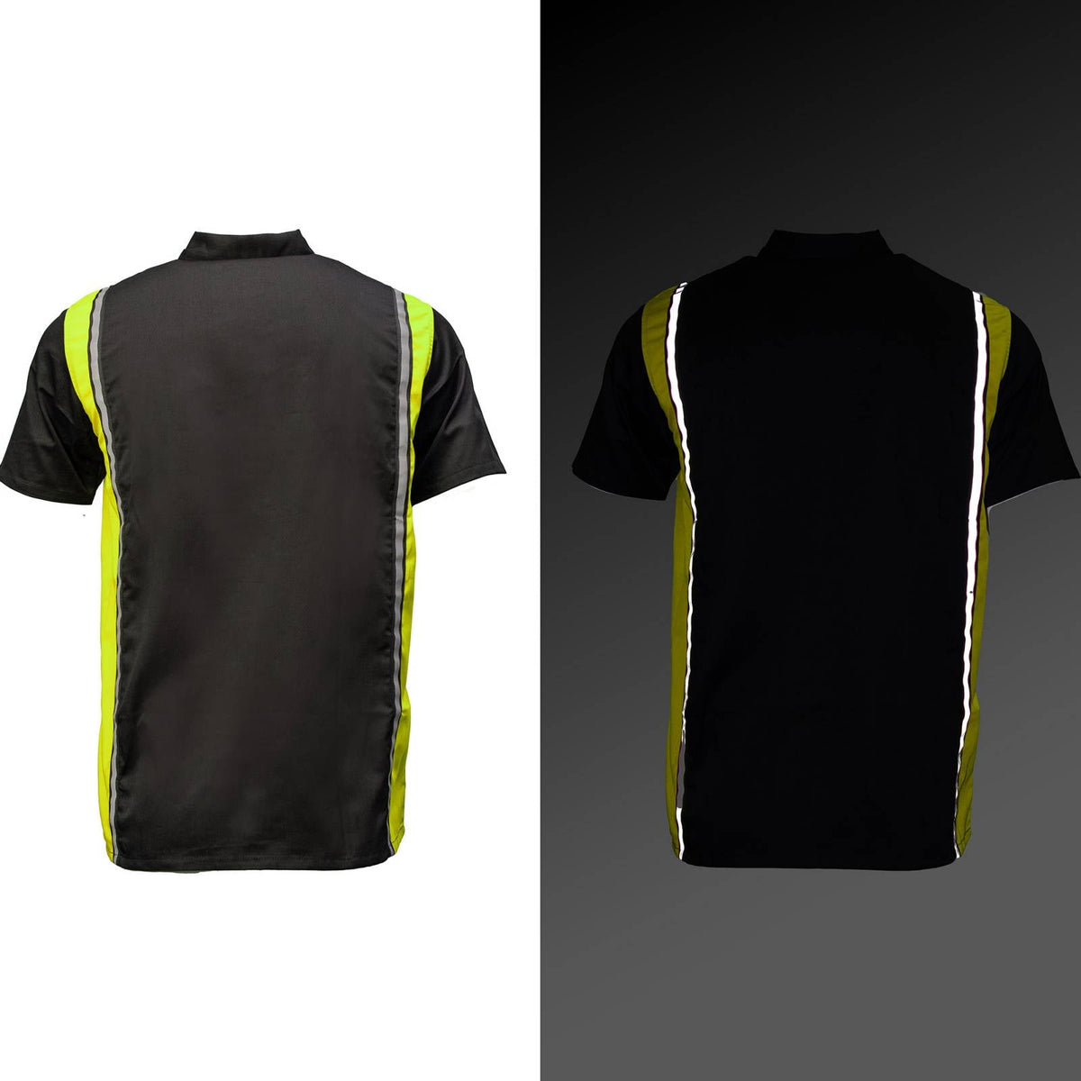 Men's Black and Neon-Green Button Up Mechanic Shirt w/ Reflective Stripe