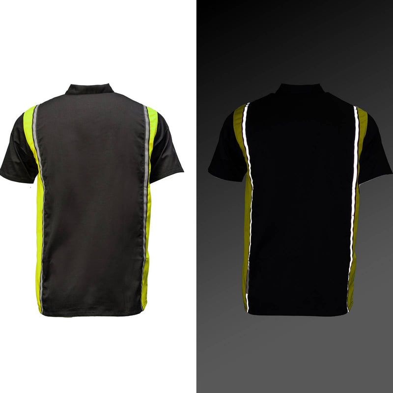 Men's Black and Neon-Green Button Up Mechanic Shirt w/ Reflective Stripe