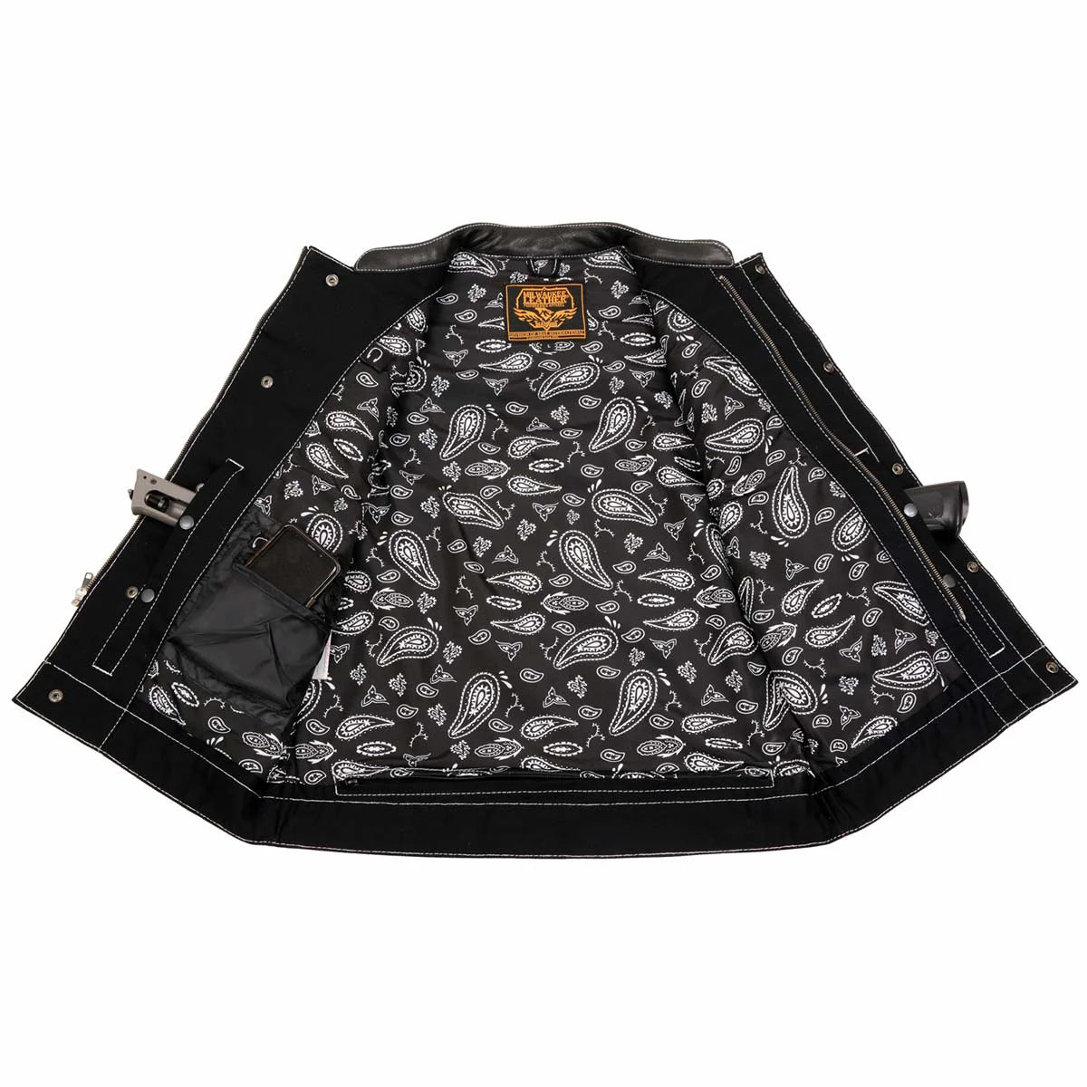 Men's 'Wrecker' Black Denim and Leather Club Style Vest w/ Diamond Quilt Design