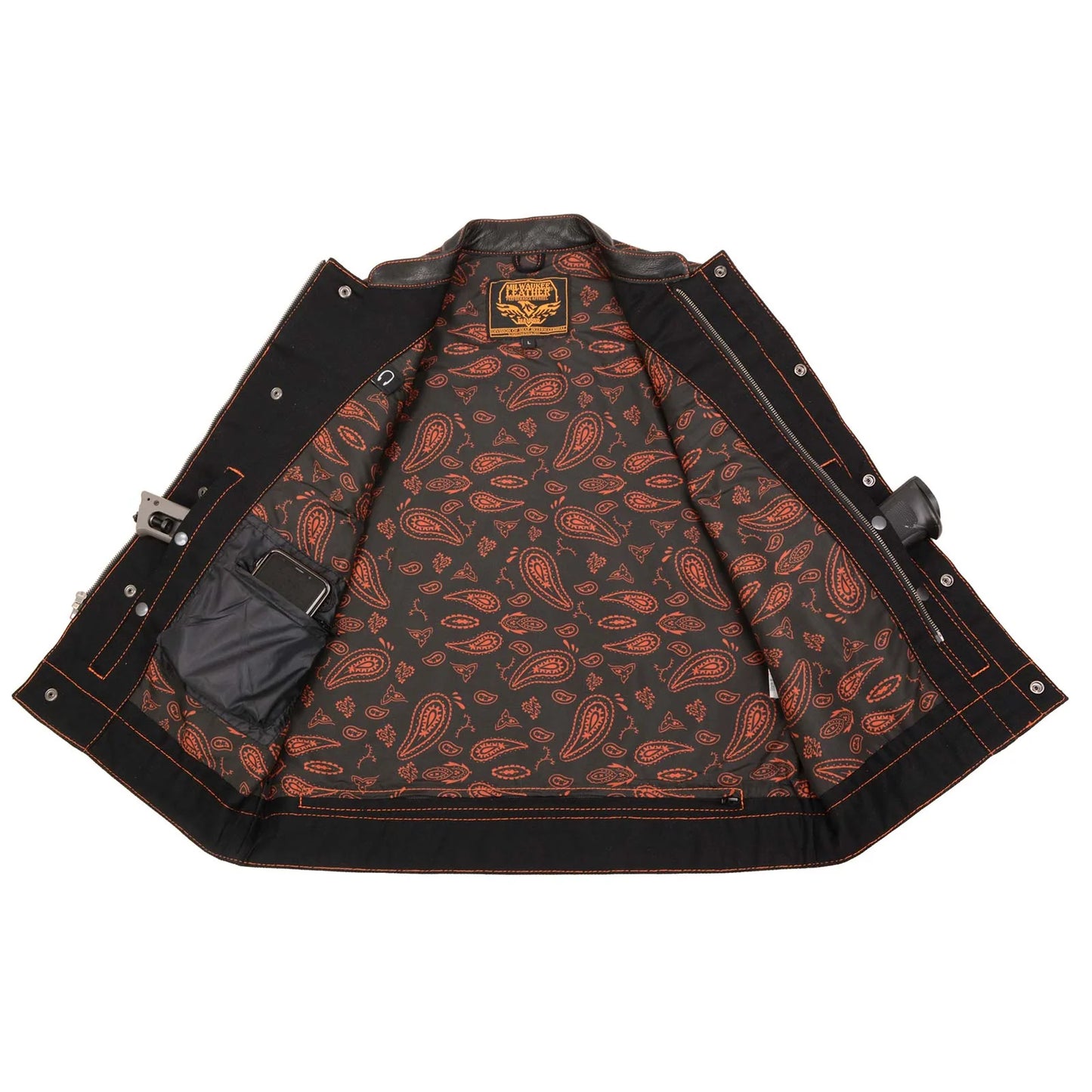Men's 'Wrecker' Black Denim and Leather Club Style Vest w/ Diamond Quilt Design