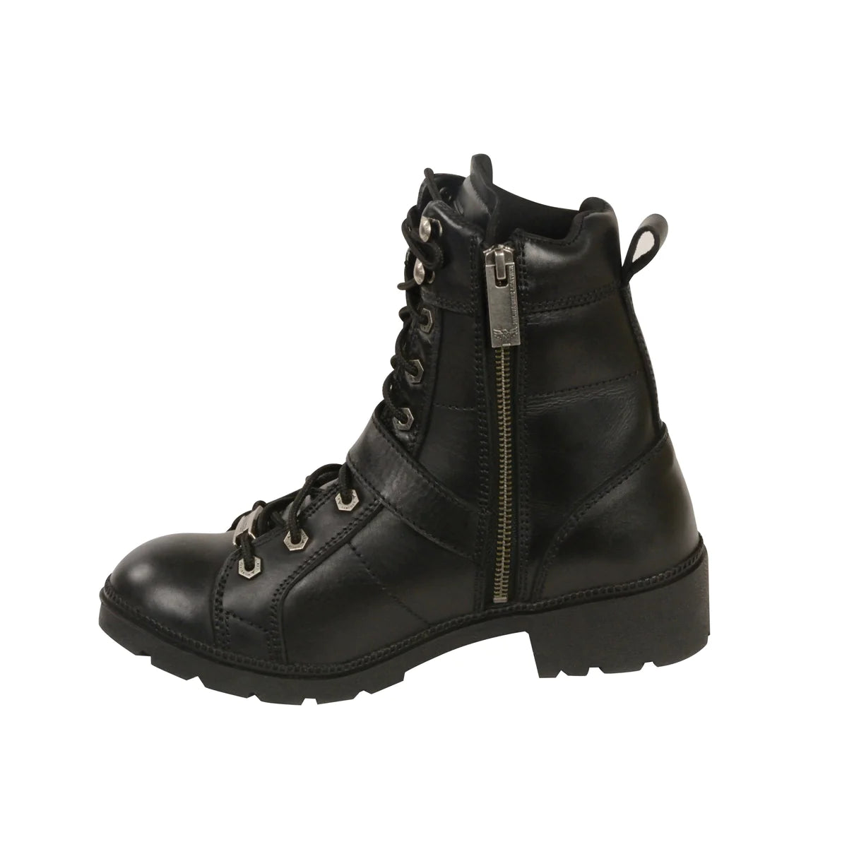 LADIES MOTORCYCLE LACE TO TOE SIDE BUCKLE LEATHER BOOT W/ PLAIN TOE