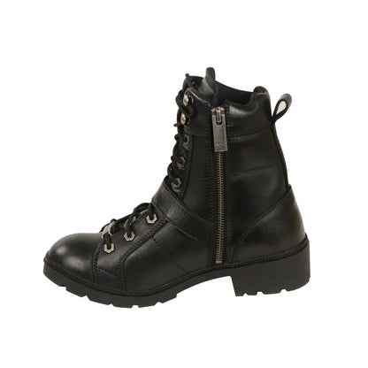LADIES MOTORCYCLE LACE TO TOE SIDE BUCKLE LEATHER BOOT W/ PLAIN TOE