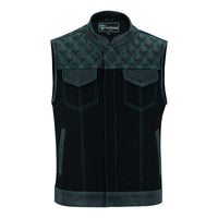 Men's Denim & Leather Motorcycle Vest with Conceal Carry Pockets, SOA Biker Club Vest Green Stitching, Diamond Padding, Snap & Zipper Closure