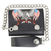 Men's 4” Leather “Eagle w/ Flag” Tri-Fold Wallet w/ Anti-Theft Stainless Steel Chain
