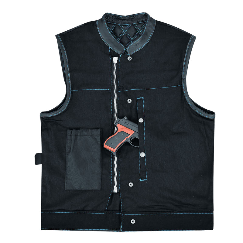 Men's Denim & Leather Motorcycle Vest with Conceal Carry Pockets, SOA Biker Club Vest Blue Stitching, Diamond Padding, Snap & Zipper Closure