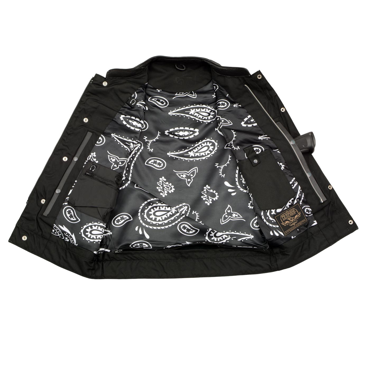 Men's Black Premium Leather Motorcycle Biker Rider Vest w/ White Stitching and Paisley Liner