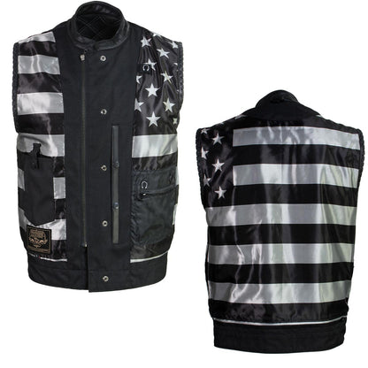 Men's Classic Black Leather Motorcycle Rider Vest Stars and Stripes Design w/ USA Flag Liner