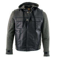Men's 2 in 1 Classic Black Premium Leather Motorcycle Hoodie Jacket w/ Convertible Vest