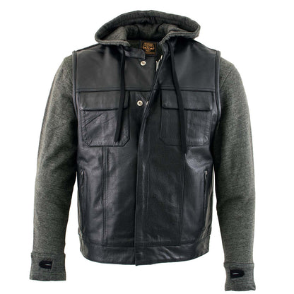 Men's 2 in 1 Classic Black Premium Leather Motorcycle Hoodie Jacket w/ Convertible Vest