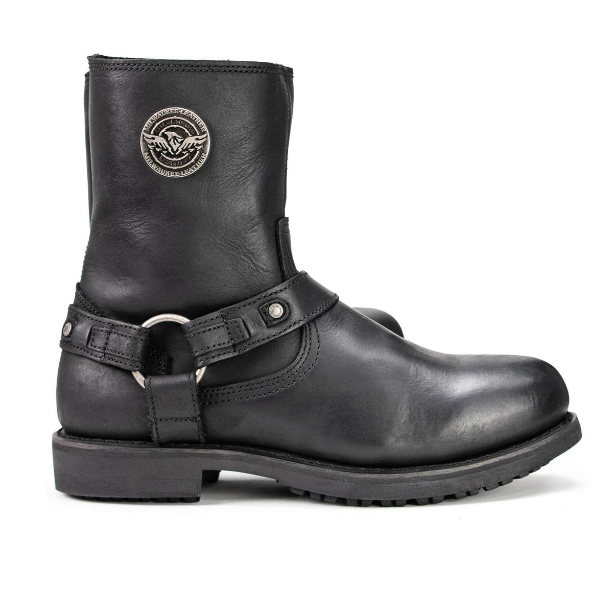 Men's Black Leather Short Harness Motorcycle Boots with Inside Zipper