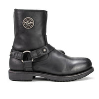 Men's Black Leather Short Harness Motorcycle Boots with Inside Zipper