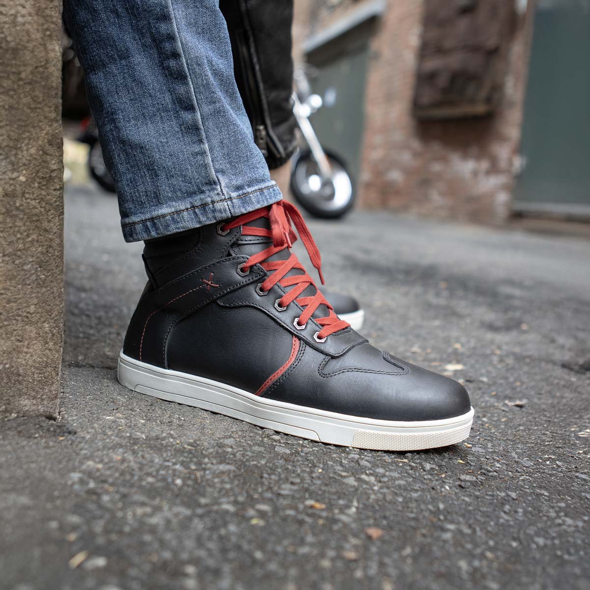 Men's Black Leather Reinforced Street Riding Shoes With Ankle Support