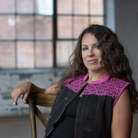 Women's 'Skelly' Black with Pink Motorcycle Denim Vest w/ Skull Embroidery