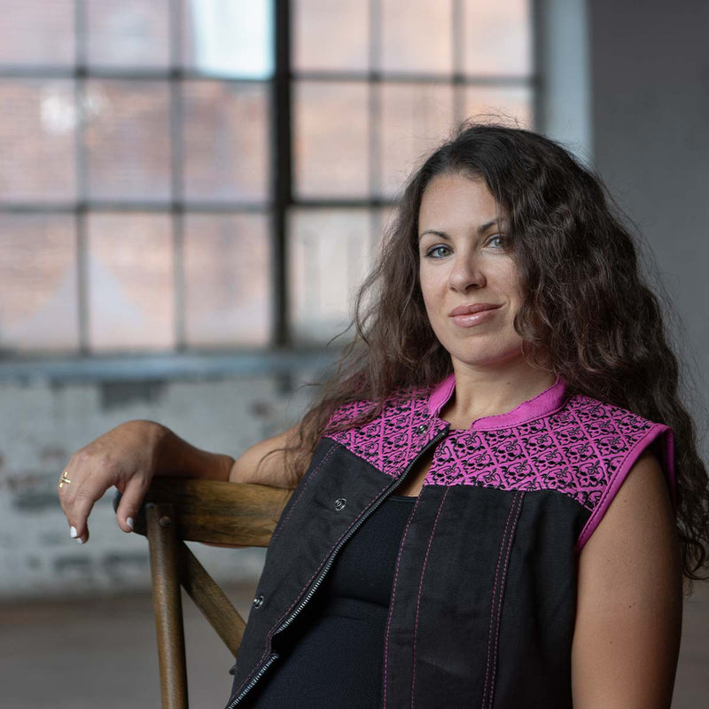 Women's 'Skelly' Black with Pink Motorcycle Denim Vest w/ Skull Embroidery