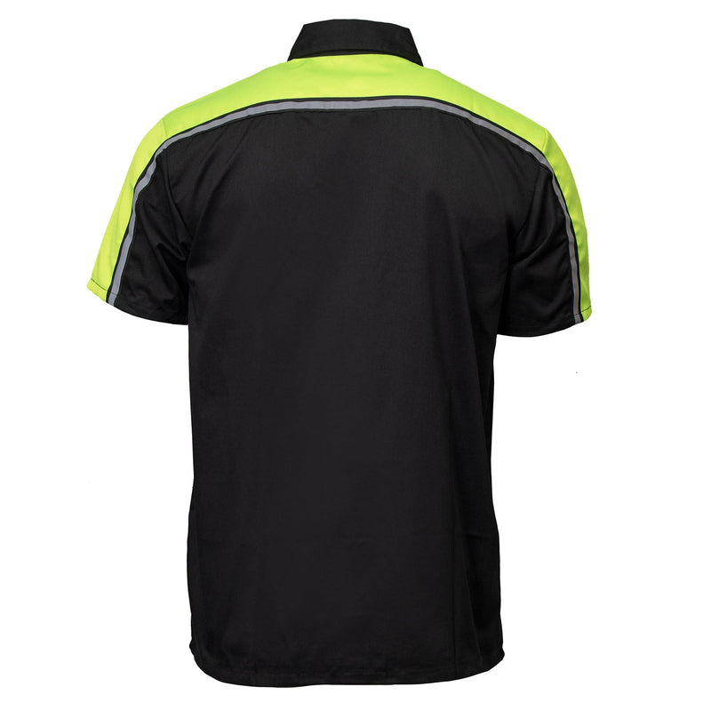 Men's Black and Neon-Green Button Up Mechanic Shirt w/ Reflective Stripe