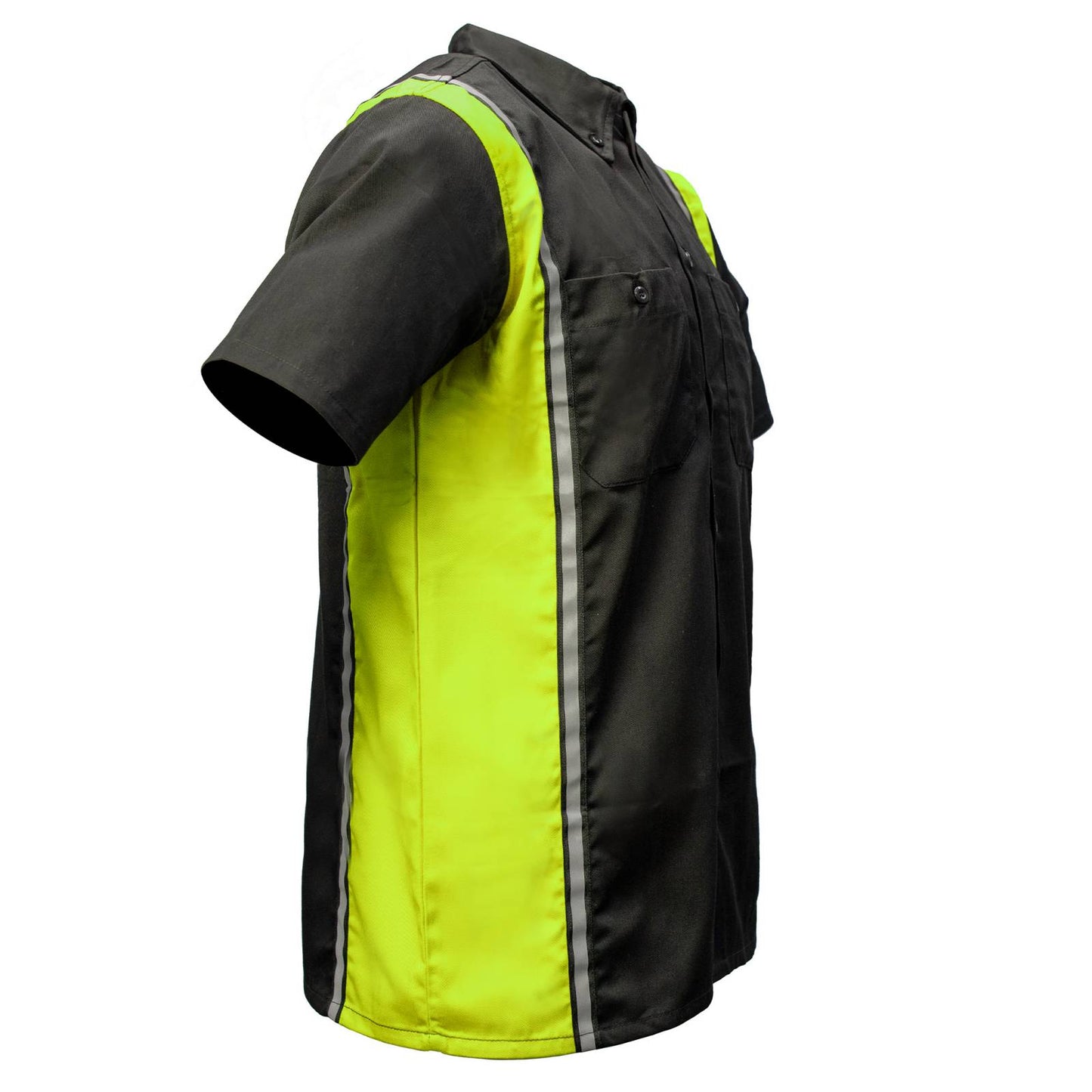 Men's Black and Neon-Green Button Up Mechanic Shirt w/ Reflective Stripe