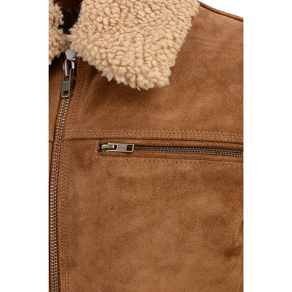 Men's Classic Beige Suede Leather Fashion Coat Jacket w/ Front Zipper Closure