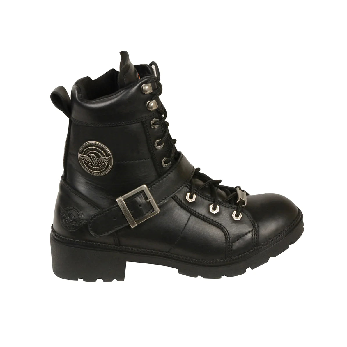 LADIES MOTORCYCLE LACE TO TOE SIDE BUCKLE LEATHER BOOT W/ PLAIN TOE