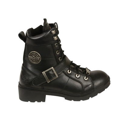 LADIES MOTORCYCLE LACE TO TOE SIDE BUCKLE LEATHER BOOT W/ PLAIN TOE