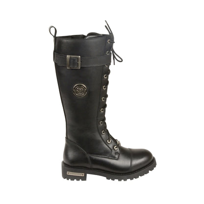 LADIES MOTORCYCLE 14 INCH LACE TO TOE HIGH RISE LEATHER BOOT W/ CALF BUCKLE