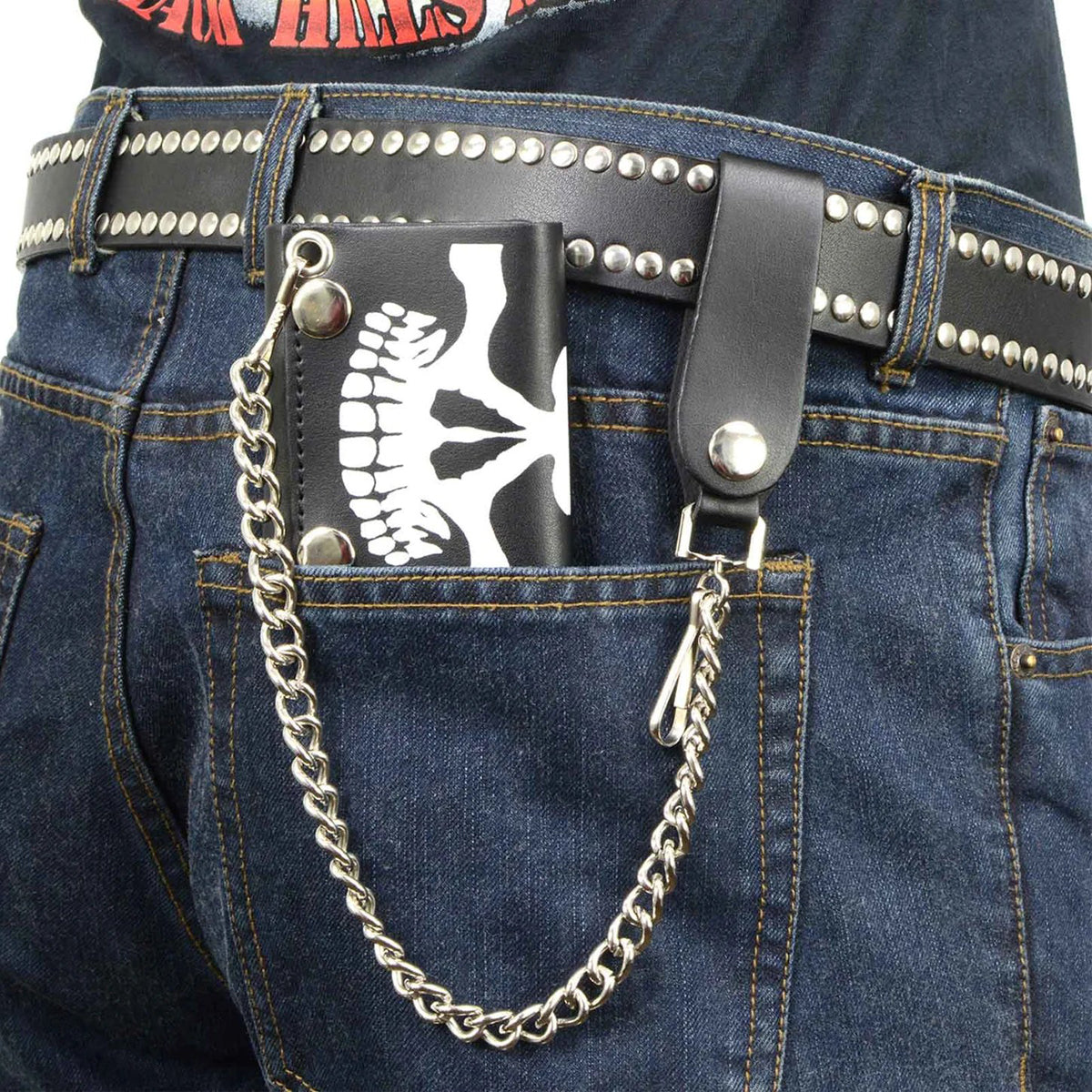 Men's 4” Leather “Skeleton Teeth” Tri-Fold Wallet w/ Anti-Theft Stainless Steel Chain