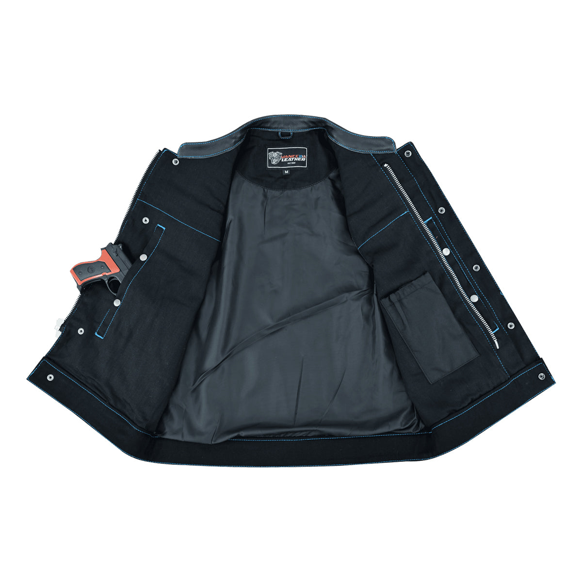 Men's Denim & Leather Motorcycle Vest with Conceal Carry Pockets, SOA Biker Club Vest Blue Stitching, Diamond Padding, Snap & Zipper Closure